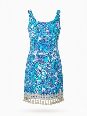Lilly Pulitzer Blue Paisley Tassel Hem Sheath Dress Coastal Preppy-Sz 2‎